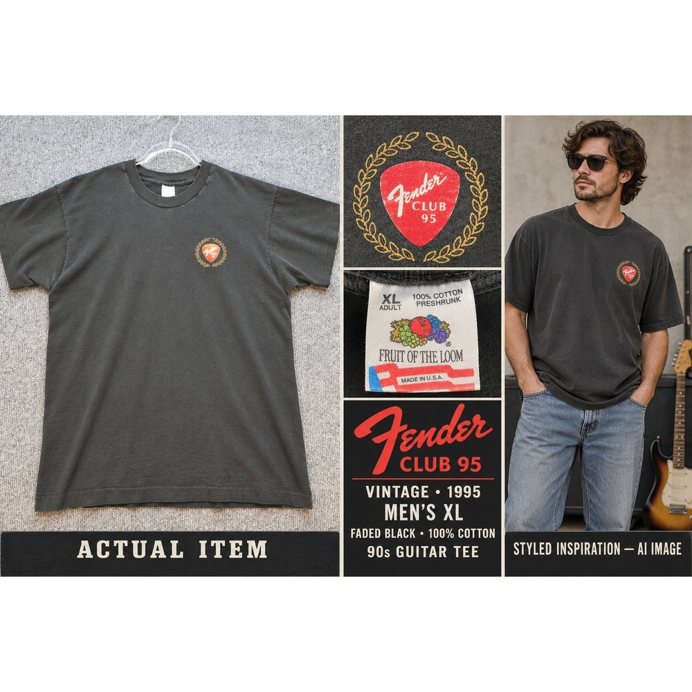 Fender Club 95 T-Shirt Men XL 1995 Vintage Guitar Pick Faded Black XL Good